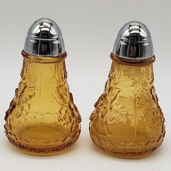 Viking Vintage Amber Glass Daisy Flowers Chrome Lid Salt & Pepper Shaker Set - Picture 9 of 11